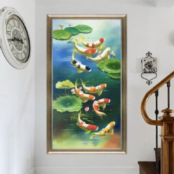 纯手绘手工 九鱼图 荷花 和谐 美满 团团圆圆 中式油画003