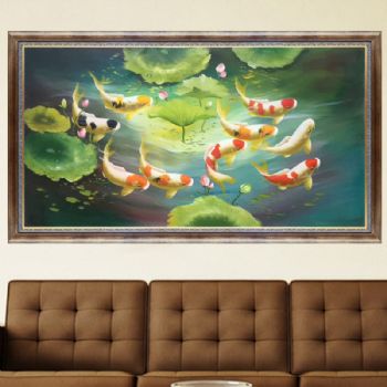 纯手绘手工 九鱼图 荷花 和谐 美满 团团圆圆 中式油画004