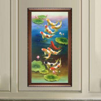 纯手绘手工 九鱼图 荷花 和谐 美满 团团圆圆 中式油画001