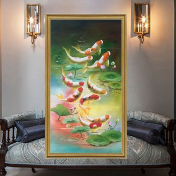 纯手绘手工 九鱼图 荷花 和谐 美满 团团圆圆 中式油画007