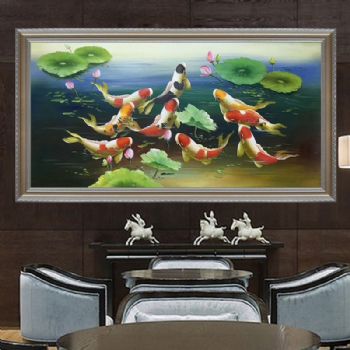 纯手绘手工 九鱼图 荷花 和谐 美满 团团圆圆 中式油画008