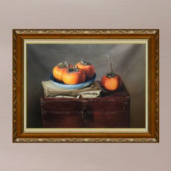中式写实油画 效果非常漂亮 古箱 青瓷碗 柿子 十五年功底画师绘画 欢迎预订