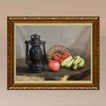 中式写实油画 效果非常漂亮 煤灯与水果香蕉 苹果 西红柿 十五年功底画师绘画 欢迎预订