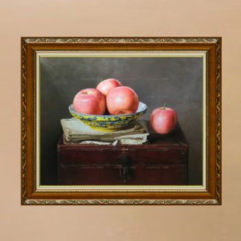 中式写实油画 效果非常漂亮 古箱 青花瓷 苹果 十五年功底画师绘画 欢迎预订