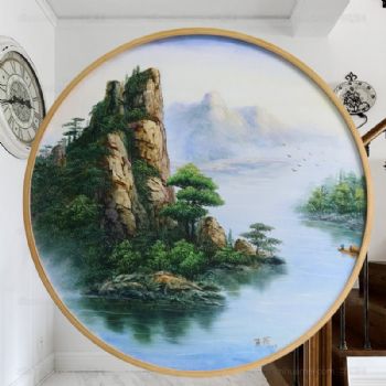 手绘刀画 山水画 圆形油画 60*60CM 作品非常漂亮 立体感很强 家庭挂画001