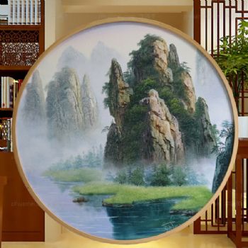 手绘刀画 山水画 圆形油画 60*60CM 作品非常漂亮 立体感很强 家庭挂画003
