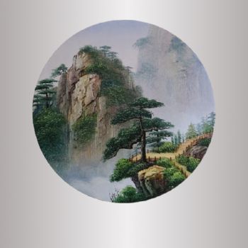手绘刀画 山水画 圆形油画 40*40CM 作品非常漂亮 立体感很强 家庭挂画003
