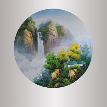 手绘刀画 山水画 圆形油画 40*40CM 作品非常漂亮 立体感很强 家庭挂画004