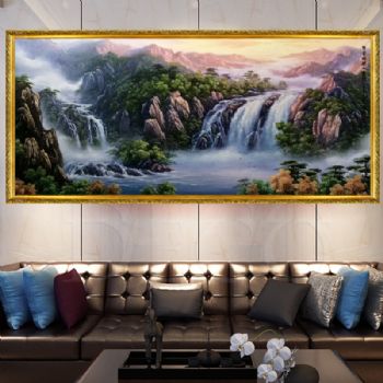 实力派画家 大芬油画村手绘油画 刀画 山水油画 祥云瑞照水云间 迎客松 雄伟山势 聚宝盆 油画风景 家庭挂画