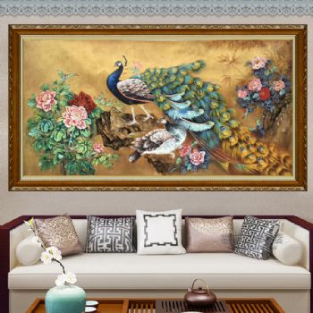 手绘油画孔雀花开富贵吉祥如意壁画横幅欧式玄关墙立体装饰画