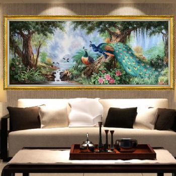 手绘油画孔雀花开富贵吉祥如意壁画横幅欧式玄关墙立体装饰画