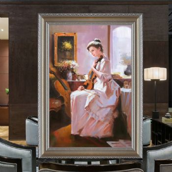 美女小提琴油画人物油画会所装饰画客厅挂画卧室挂画欧美人物画玄关挂画