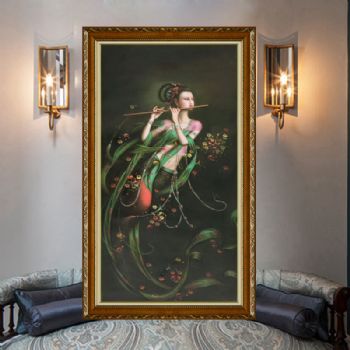 新中式客厅玄关装饰画敦煌壁飞天观音手绘油画