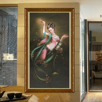 新中式客厅玄关装饰画敦煌壁飞天观音手绘油画