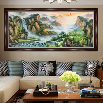 聚宝盆油画纯手绘中式欧式山水风景客厅装饰画办公室壁画风水挂画