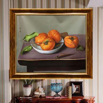 新中式手绘油画玄关过道挂画柿子开市精品油画超写实