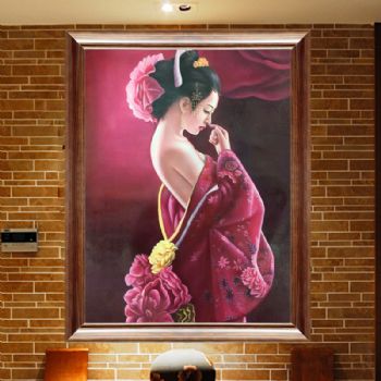 手绘油画大红衣美女客厅玄关装饰画美式卧室挂画