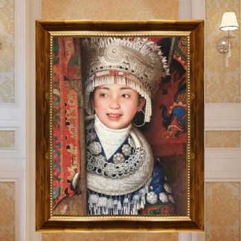 新中式客厅玄关装饰画苗族服饰苗族女孩美丽的民族特色手绘油画