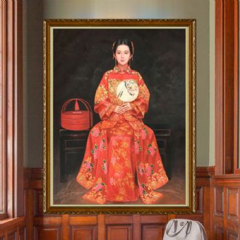 新中式客厅玄关装饰画美丽的新娘漂亮的新娘礼服手绘油画