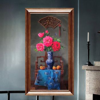 中式客厅玄关装饰画精品油画牡丹青花瓷写实手绘油画