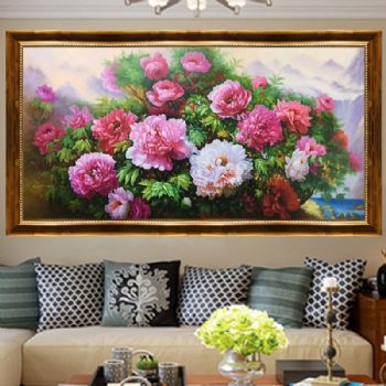 纯手绘牡丹花油画客厅中式会所别墅酒店花开富贵装饰画