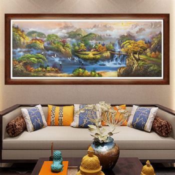 高端聚宝盆油画纯手绘中式山水风景客厅装饰画办公室风水挂画