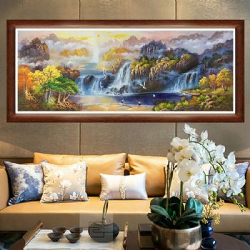 高端聚宝盆油画纯手绘中式山水风景客厅装饰画办公室风水挂画