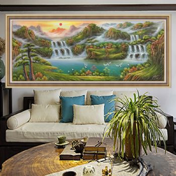 聚宝盆油画纯手绘中式欧式山水风景客厅装饰画办公室壁画风水挂画