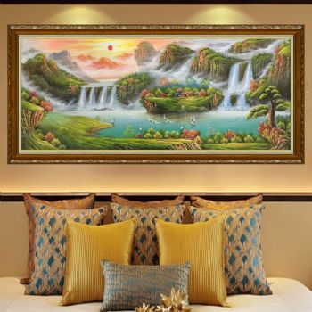 聚宝盆油画纯手绘中式欧式山水风景客厅装饰画办公室壁画风水挂画