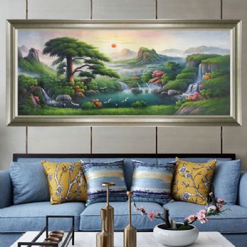 聚宝盆油画纯手绘中式欧式山水风景客厅装饰画办公室壁画风水挂画