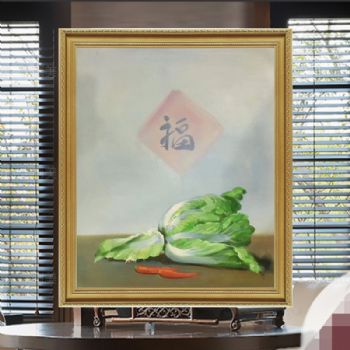 纯手绘静物油画现代田园中式餐厅装饰画客厅挂画白菜