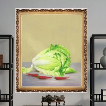 纯手绘静物油画现代田园中式餐厅装饰画客厅挂画白菜