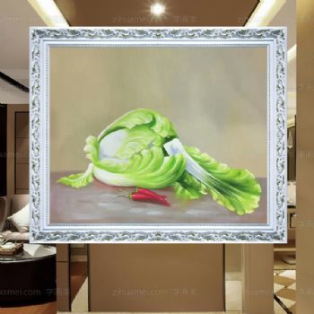 纯手绘静物油画现代田园中式餐厅装饰画客厅挂画白菜