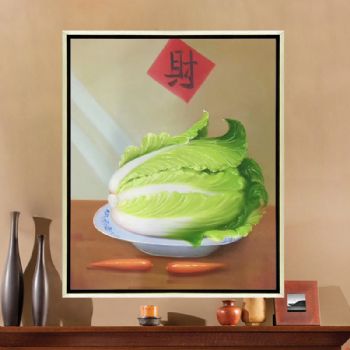 纯手绘静物油画现代田园中式餐厅装饰画客厅挂画白菜