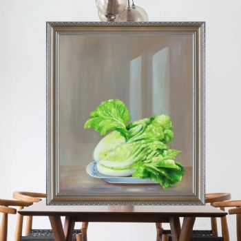 纯手绘静物油画现代田园中式餐厅装饰画客厅挂画白菜