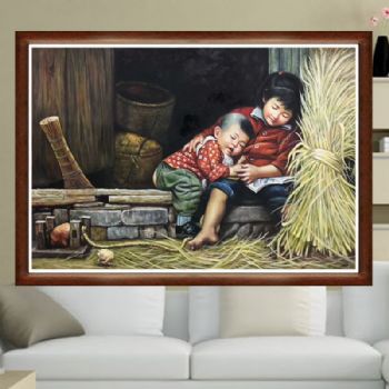 纯手工手绘油画中式油画客厅壁炉玄关装饰挂画姐弟情乡村风景