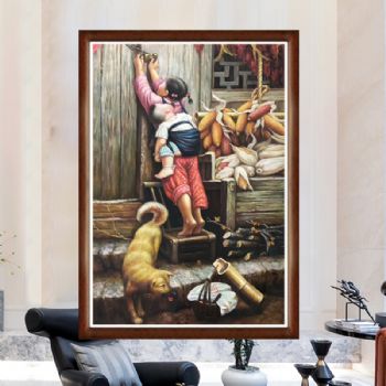 纯手工手绘油画中式油画客厅壁炉玄关装饰挂画姐弟情乡村风景