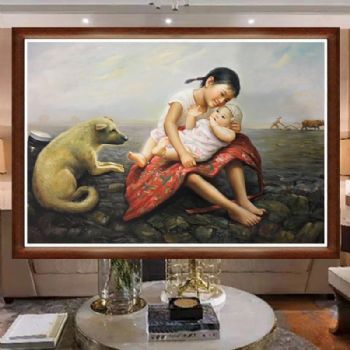 纯手工手绘油画中式油画客厅壁炉玄关装饰挂画姐弟情乡村风景