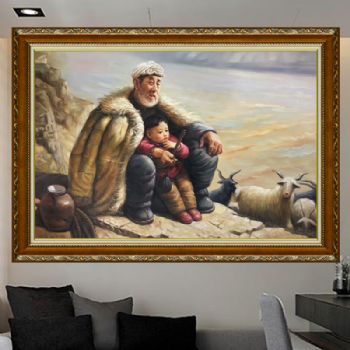 纯手工手绘油画中式油画客厅壁炉玄关装饰挂画童年放羊爷孙俩情深