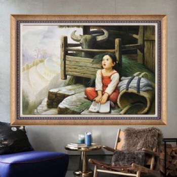 纯手工手绘油画中式油画客厅壁炉玄关装饰挂画童年女娃割草喂牛
