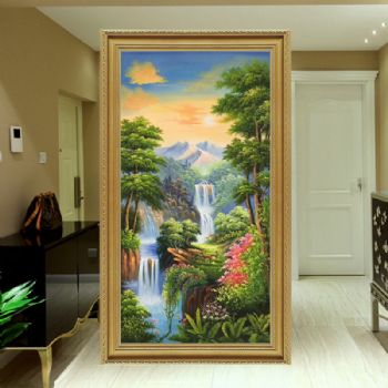 手绘油画山水风景油画客厅玄关装饰画定制油画竖版