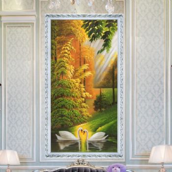 手绘油画天鹅风景油画客厅玄关装饰画定制油画竖版