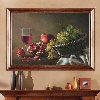 手绘写实油画水果静物葡萄石榴酒杯装饰画挂画墙画