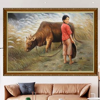 纯手工手绘油画中式油画客厅壁炉玄关装饰挂画童年女娃放牛