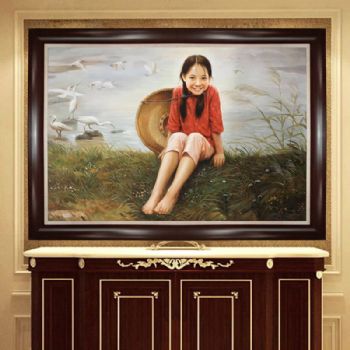 纯手工手绘油画中式油画客厅壁炉玄关装饰挂画童年快乐的女娃