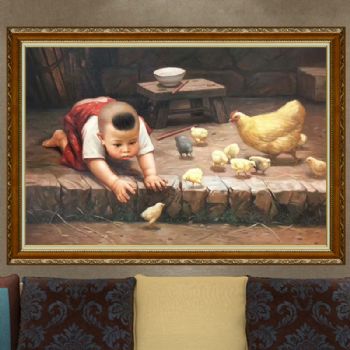纯手工手绘油画中式油画客厅壁炉玄关装饰挂画儿童与小鸡