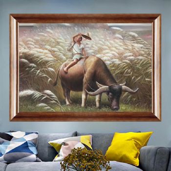 纯手工手绘油画中式油画客厅壁炉玄关装饰挂画放牛娃