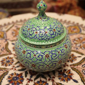 伊朗传统铜胎珐琅工艺糖罐14*12CM伊朗纯手工米娜mina盘子made in Iran