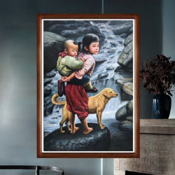 纯手工手绘油画中式油画客厅壁炉玄关装饰挂画姐弟情乡村风景