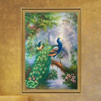 欧式纯手绘油画吉祥孔雀别墅客酒店厅玄关过道楼梯竖幅定制装饰画